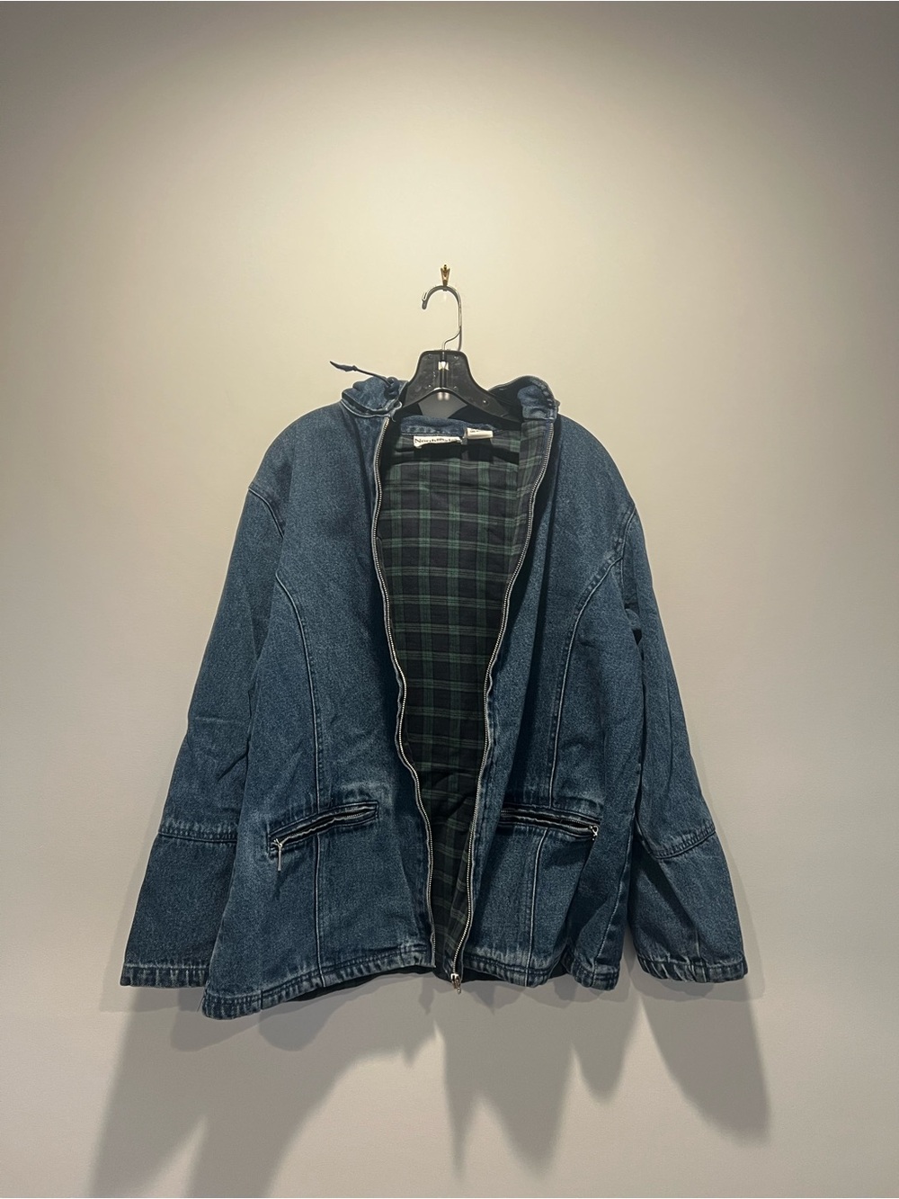 Blue Denim Jacket with Green Plaid Lining and Removable Hood